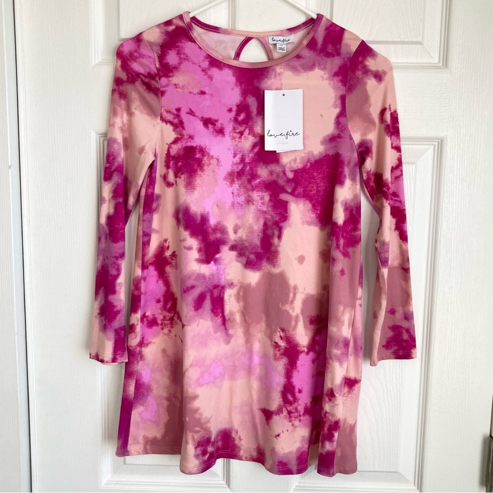 Love, Fire Los Angeles womens sz S pink tiedye 3/4 length sleeve tunic top- NWT